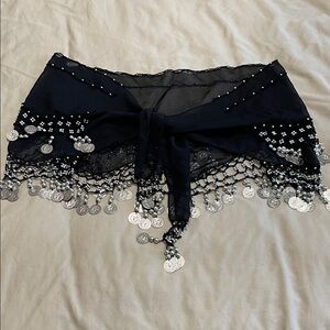 S-M.  Stunning Black Sheer Hip Scarf  with Silver Coins